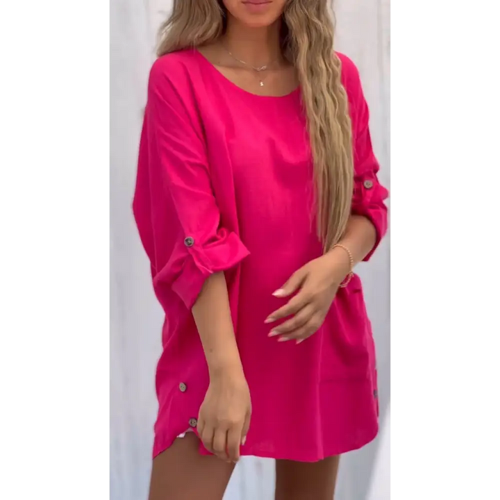 Top Casual de Algodão e Linho de Cor Sólida com Gola Redonda e Mangas 3/4