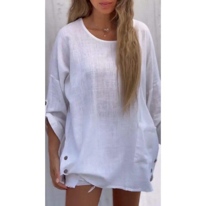 Top Casual de Algodão e Linho de Cor Sólida com Gola Redonda e Mangas 3/4