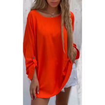 Top Casual de Algodão e Linho de Cor Sólida com Gola Redonda e Mangas 3/4