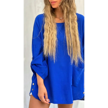 Top Casual de Algodão e Linho de Cor Sólida com Gola Redonda e Mangas 3/4