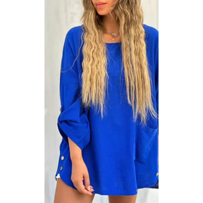 Top Casual de Algodão e Linho de Cor Sólida com Gola Redonda e Mangas 3/4