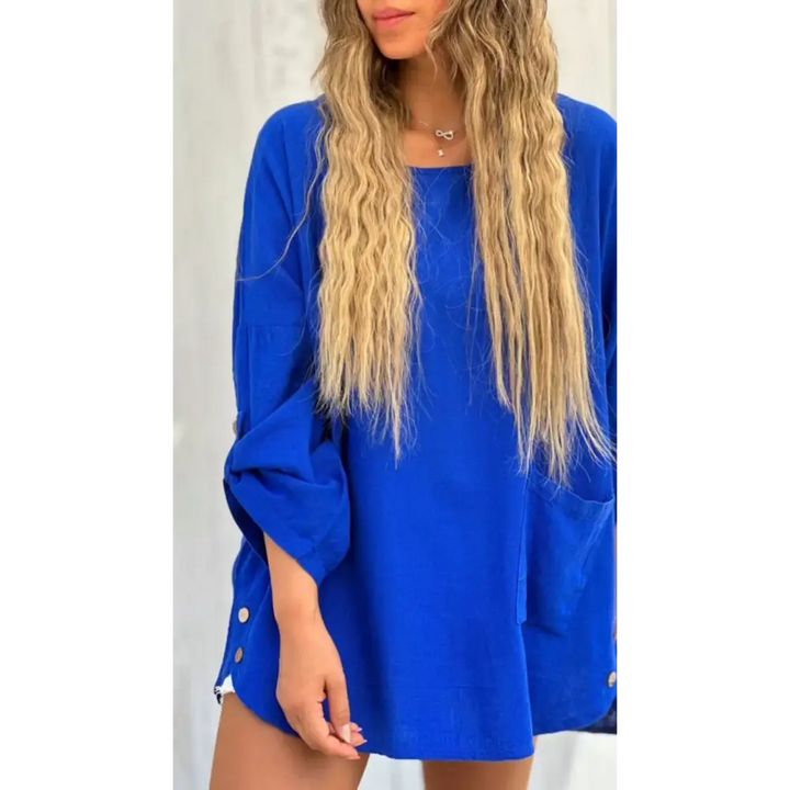 Top Casual de Algodão e Linho de Cor Sólida com Gola Redonda e Mangas 3/4