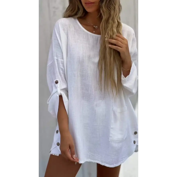 Top Casual de Algodão e Linho de Cor Sólida com Gola Redonda e Mangas 3/4