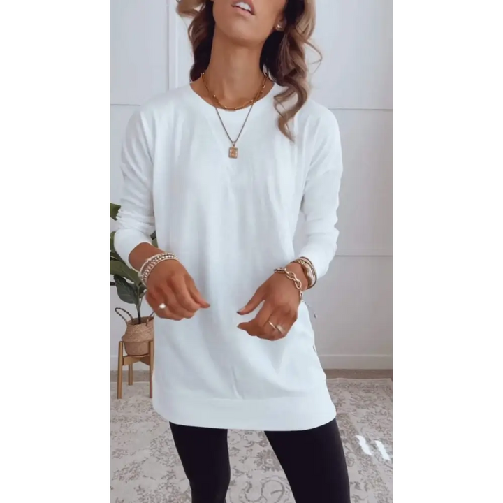 Top Casual de Cor Sólida com Gola Redonda