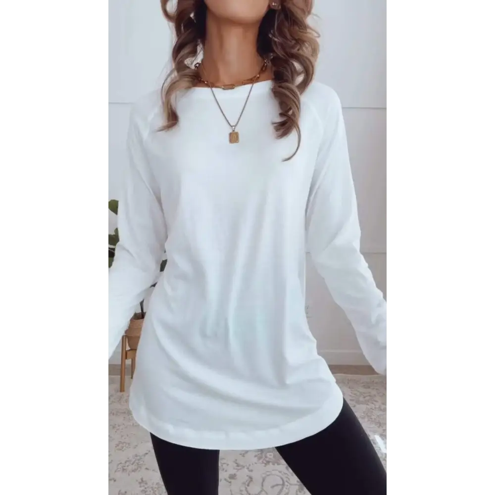 Top Casual de Cor Sólida com Gola Redonda
