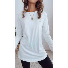 Top Casual de Cor Sólida com Gola Redonda