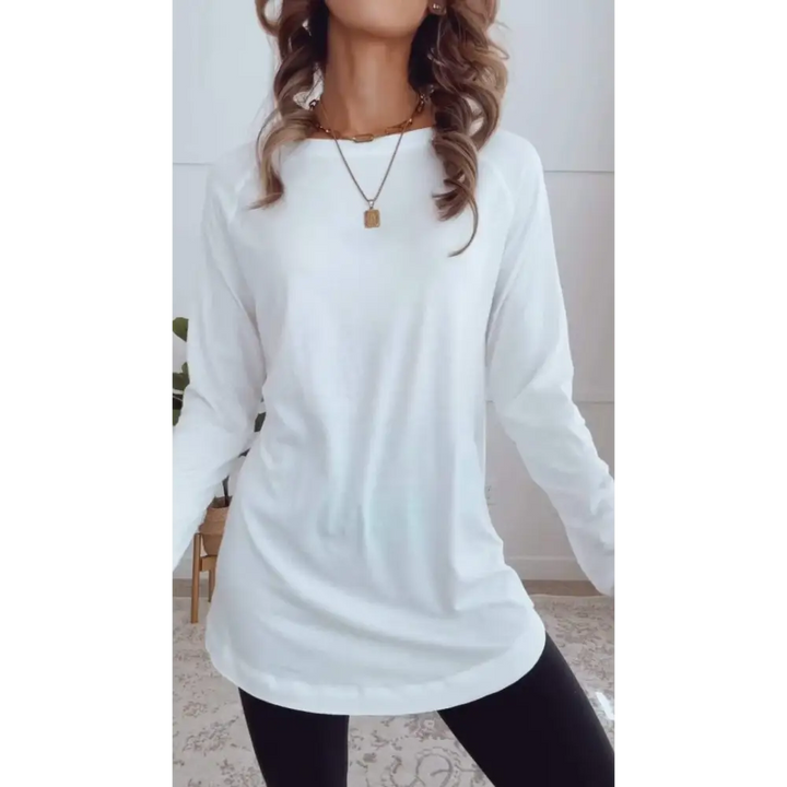 Top Casual de Cor Sólida com Gola Redonda