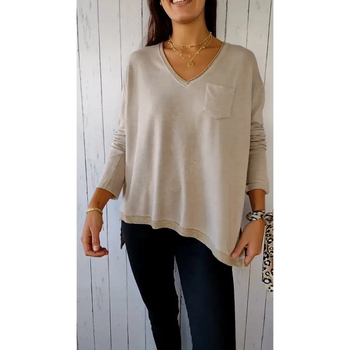 Top Casual de Malha com Mangas Compridas e Decote em V