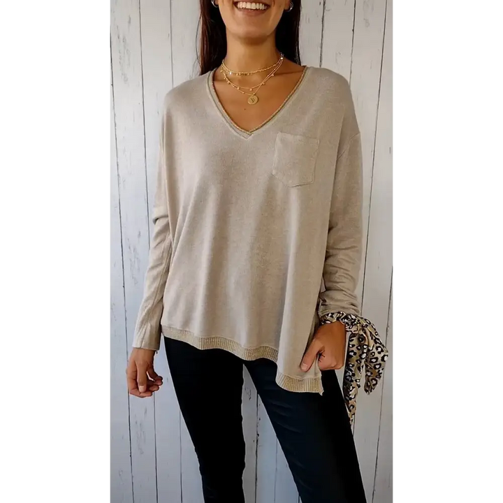 Top Casual de Malha com Mangas Compridas e Decote em V