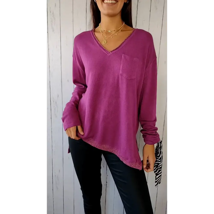 Top Casual de Malha com Mangas Compridas e Decote em V