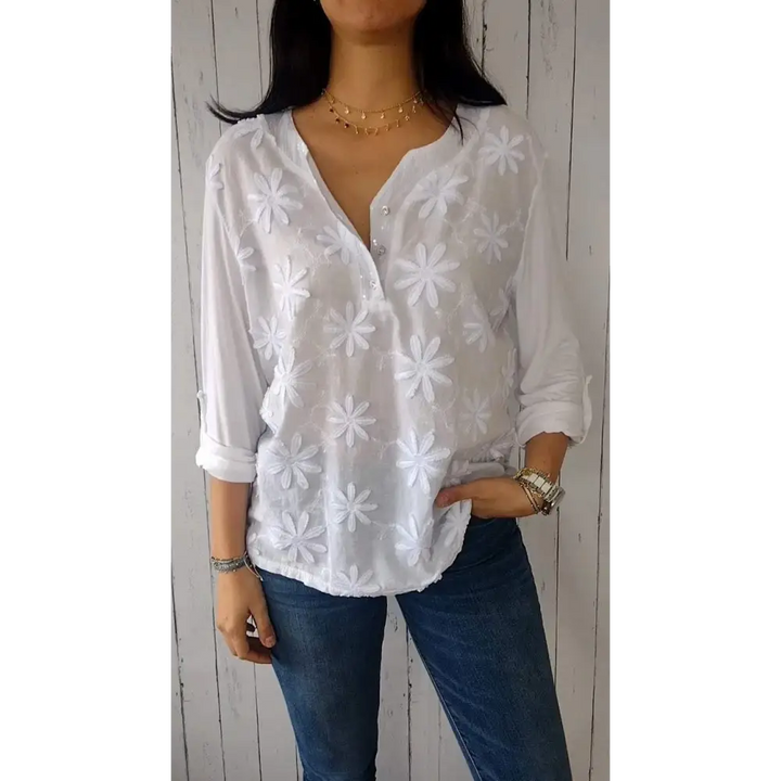 Top com decote em V mangas médias e design floral 3D