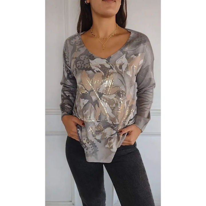 Top com Gola Redonda Mangas Compridas e Estampa