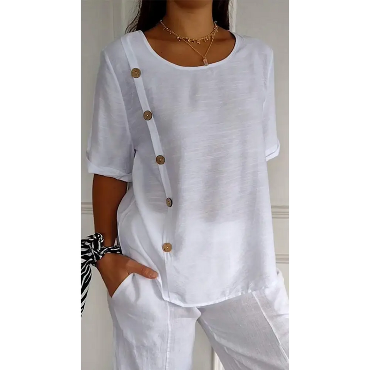 Top com Gola Redonda Mangas Curtas e Botões Laterais