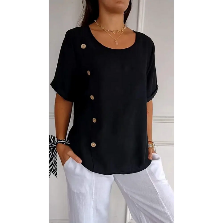 Top com Gola Redonda Mangas Curtas e Botões Laterais