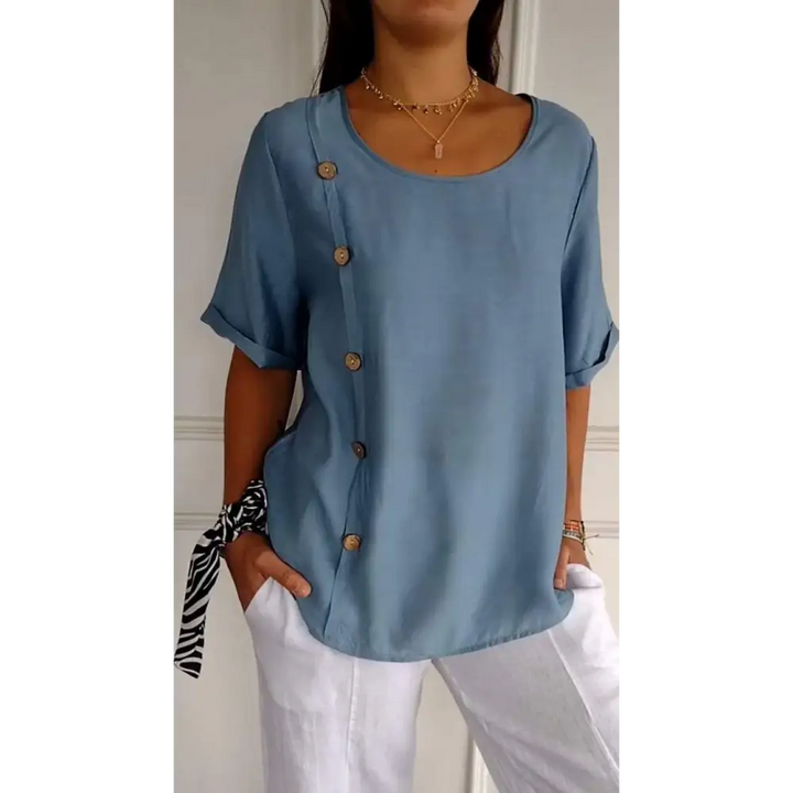 Top com Gola Redonda Mangas Curtas e Botões Laterais