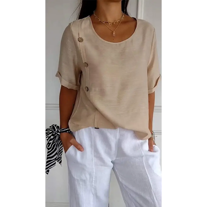 Top com Gola Redonda Mangas Curtas e Botões Laterais