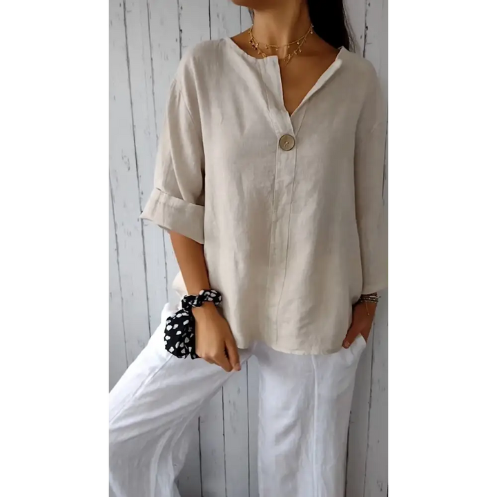 Top confortável de algodão e linho com decote em V