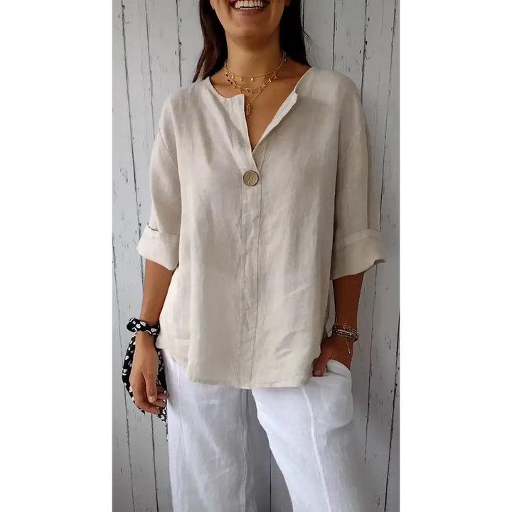 Top confortável de algodão e linho com decote em V