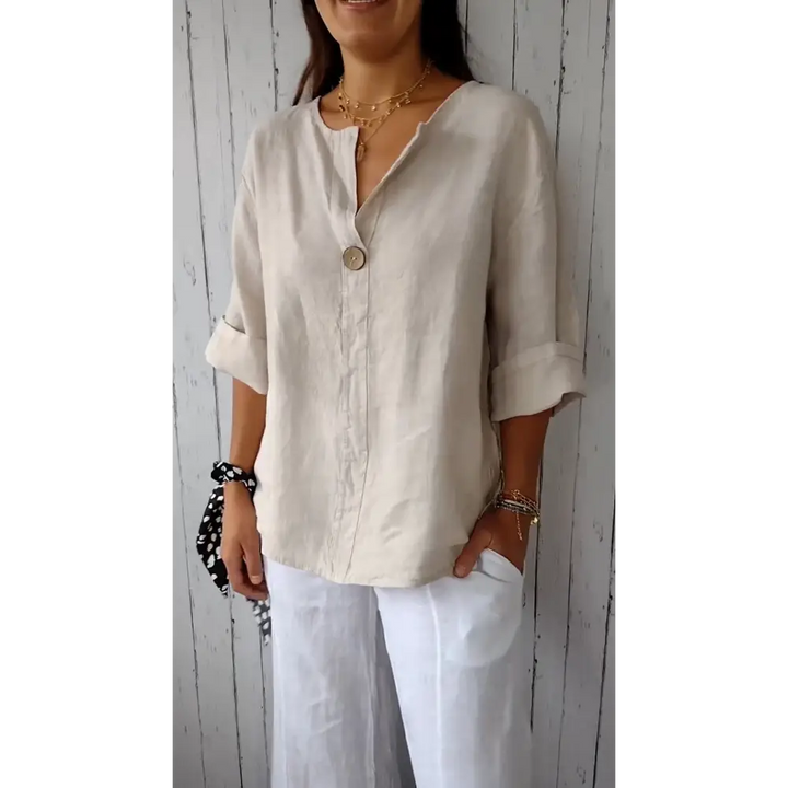 Top confortável de algodão e linho com decote em V