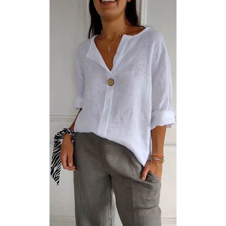 Top confortável de algodão e linho com decote em V