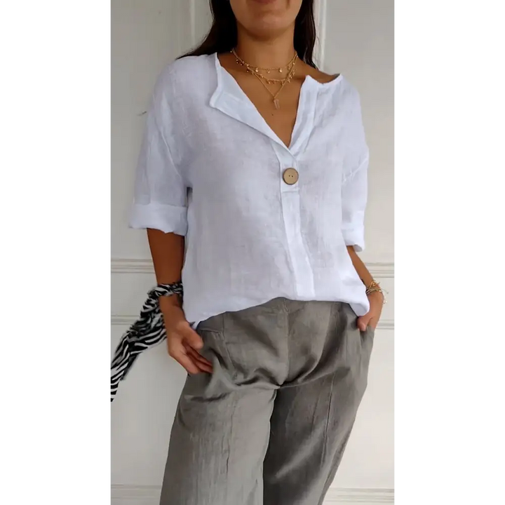 Top confortável de algodão e linho com decote em V