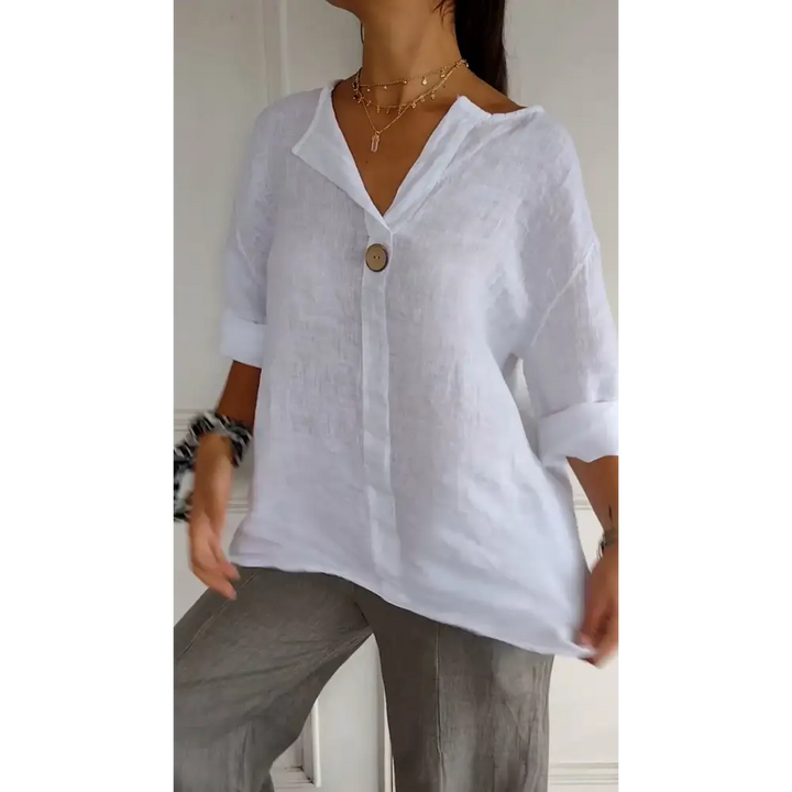 Top confortável de algodão e linho com decote em V