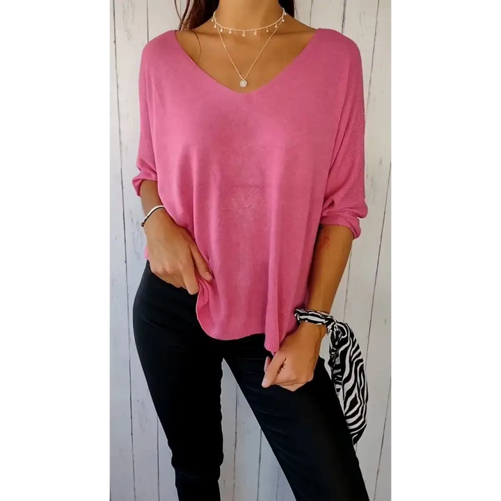 Top confortável de mangas longas com decote em V