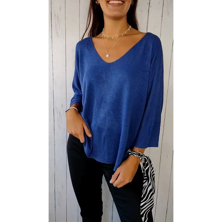 Top confortável de mangas longas com decote em V