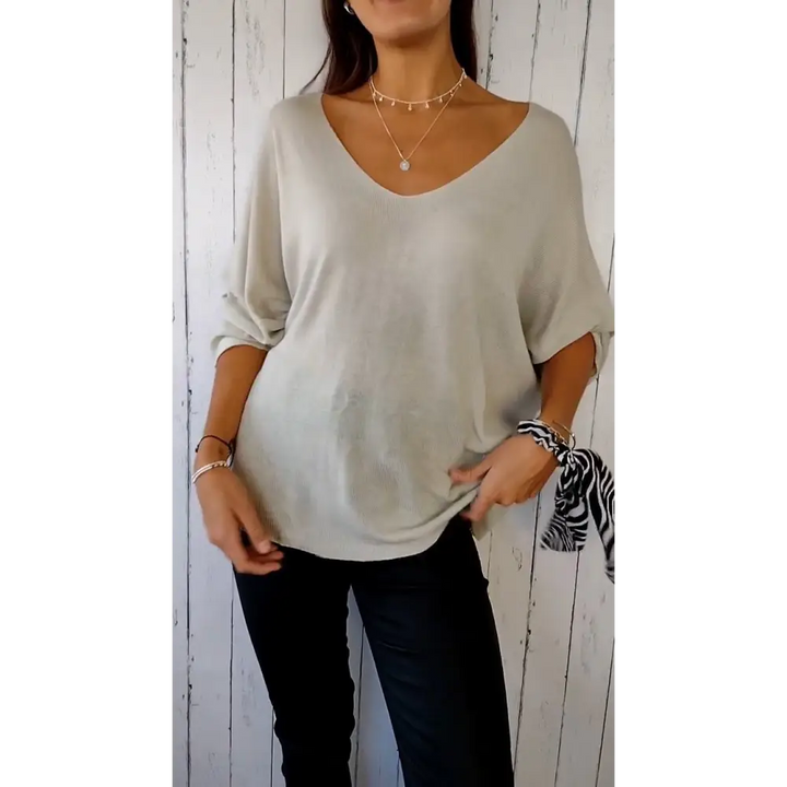Top confortável de mangas longas com decote em V
