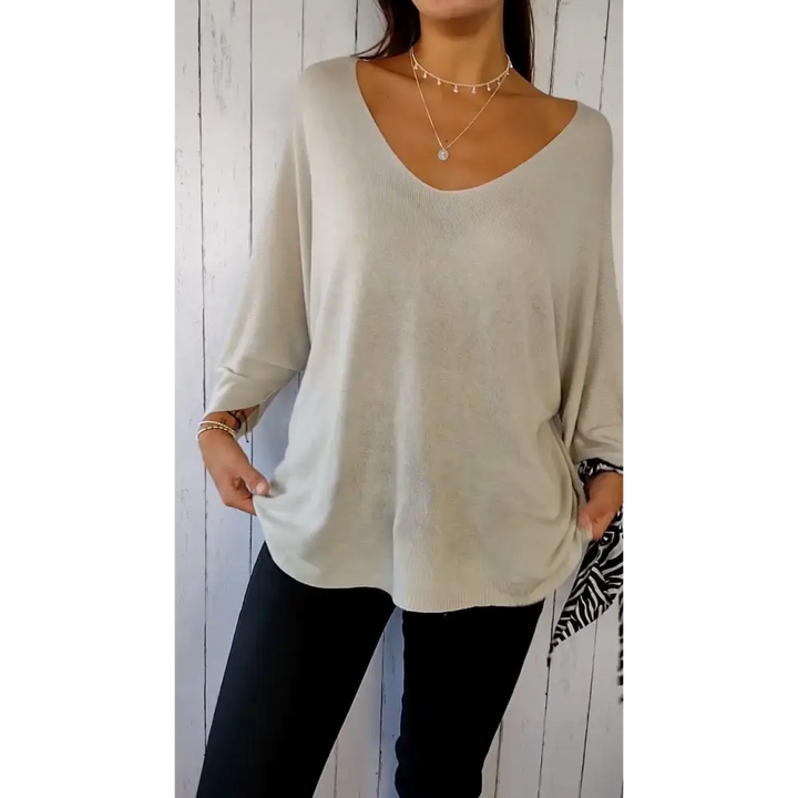 Top confortável de mangas longas com decote em V