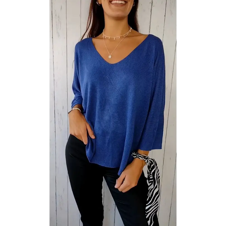 Top confortável de mangas longas com decote em V