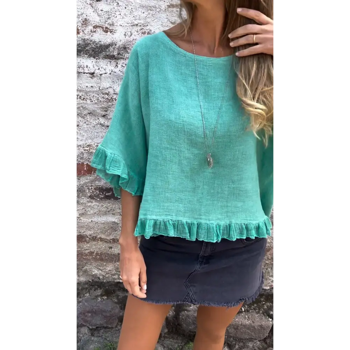 Top de Algodão e Linho com Barra Franzida