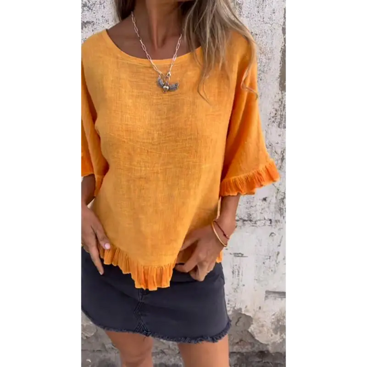 Top de Algodão e Linho com Barra Franzida