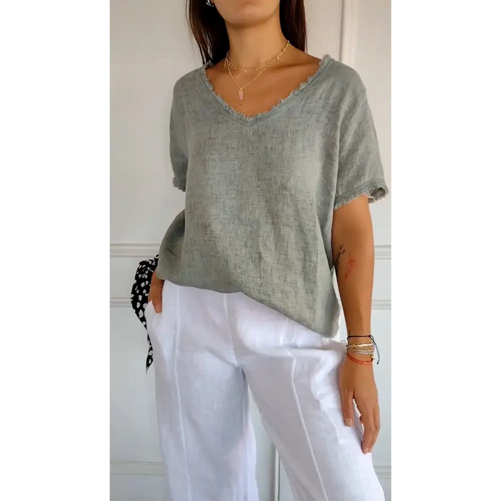 Top de algodão e linho com decote em V e mangas curtas