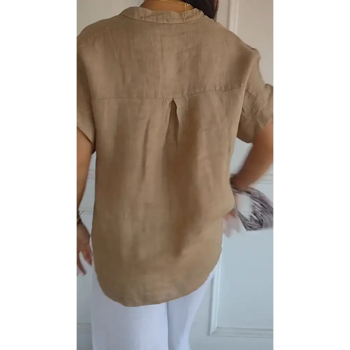 Top de algodão e linho com decote em V e mangas curtas