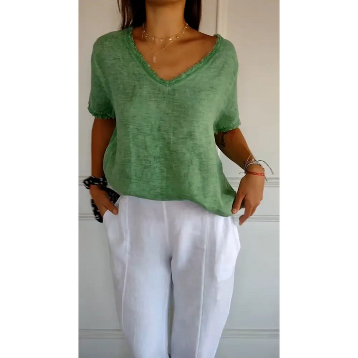 Top de algodão e linho com decote em V e mangas curtas