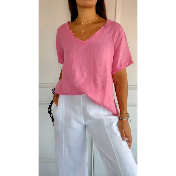 Top de algodão e linho com decote em V e mangas curtas