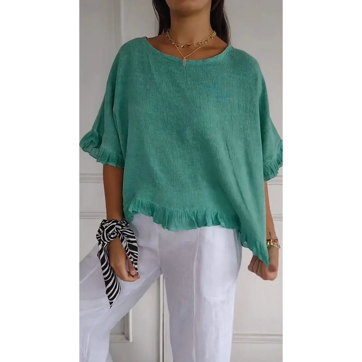 Top de Algodão e Linho com Gola Redonda Barra Franzida e Mangas 3/4