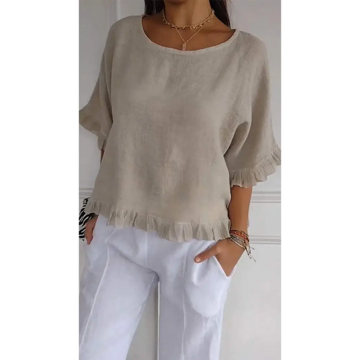 Top de Algodão e Linho com Gola Redonda Barra Franzida e Mangas 3/4