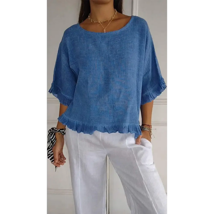 Top de Algodão e Linho com Gola Redonda Barra Franzida e Mangas 3/4