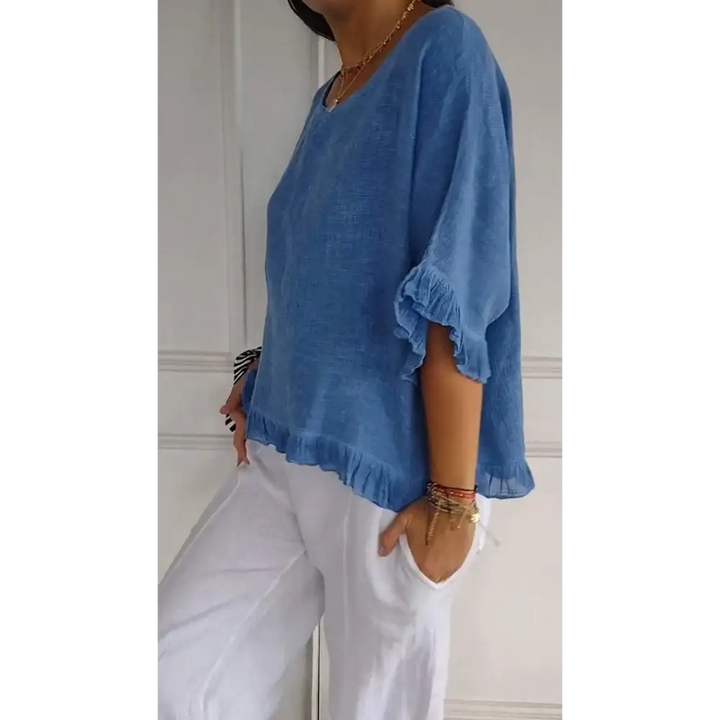 Top de Algodão e Linho com Gola Redonda Barra Franzida e Mangas 3/4