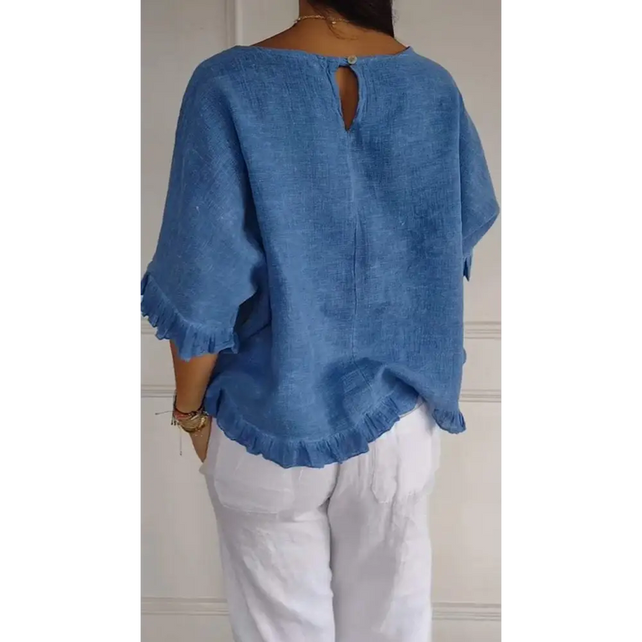 Top de Algodão e Linho com Gola Redonda Barra Franzida e Mangas 3/4