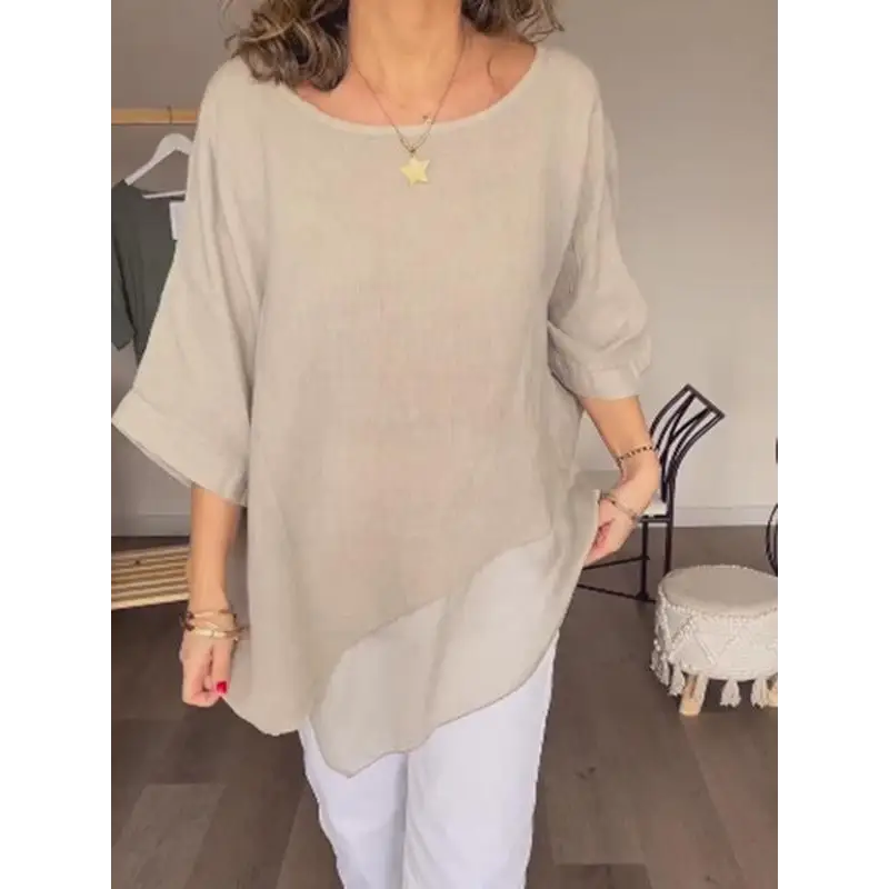 Top de algodão e linho com gola redonda e malha em patchwork casual