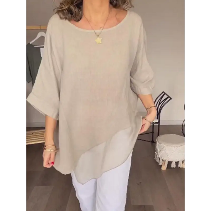 Top de algodão e linho com gola redonda e malha em patchwork casual