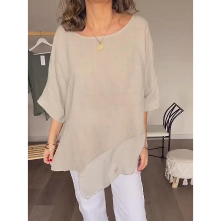 Top de algodão e linho com gola redonda e malha em patchwork casual