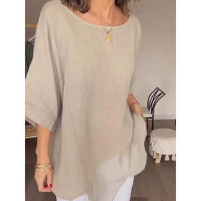 Top de algodão e linho com gola redonda e malha em patchwork casual