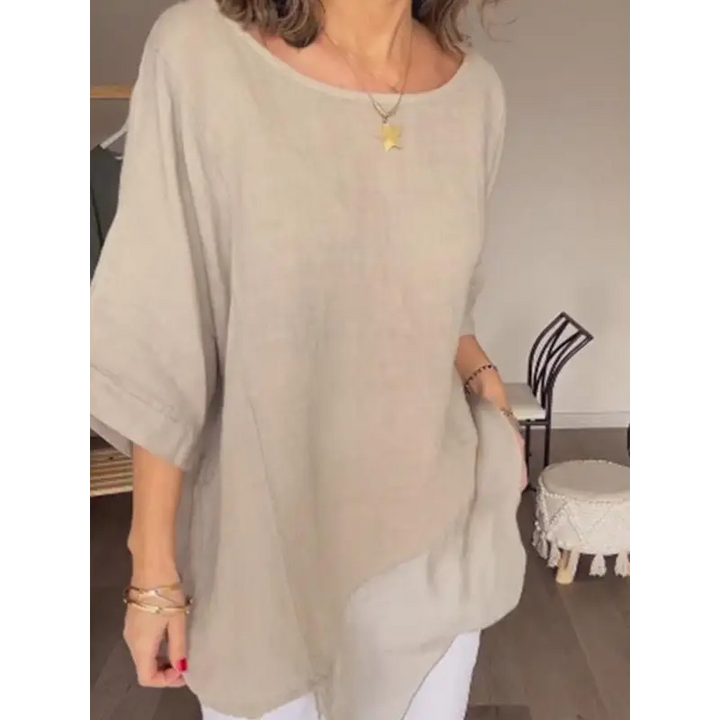 Top de algodão e linho com gola redonda e malha em patchwork casual