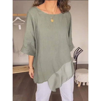 Top de algodão e linho com gola redonda e malha em patchwork casual