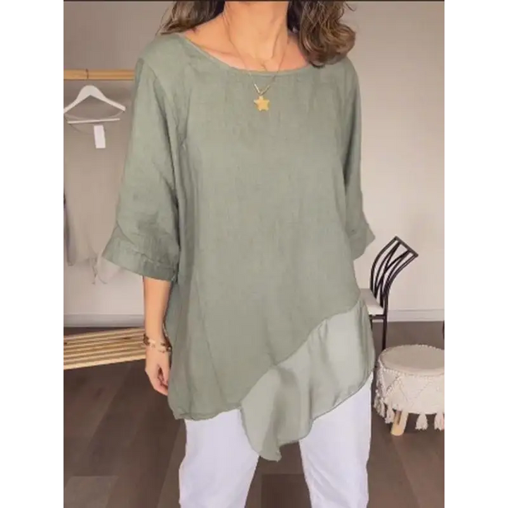 Top de algodão e linho com gola redonda e malha em patchwork casual