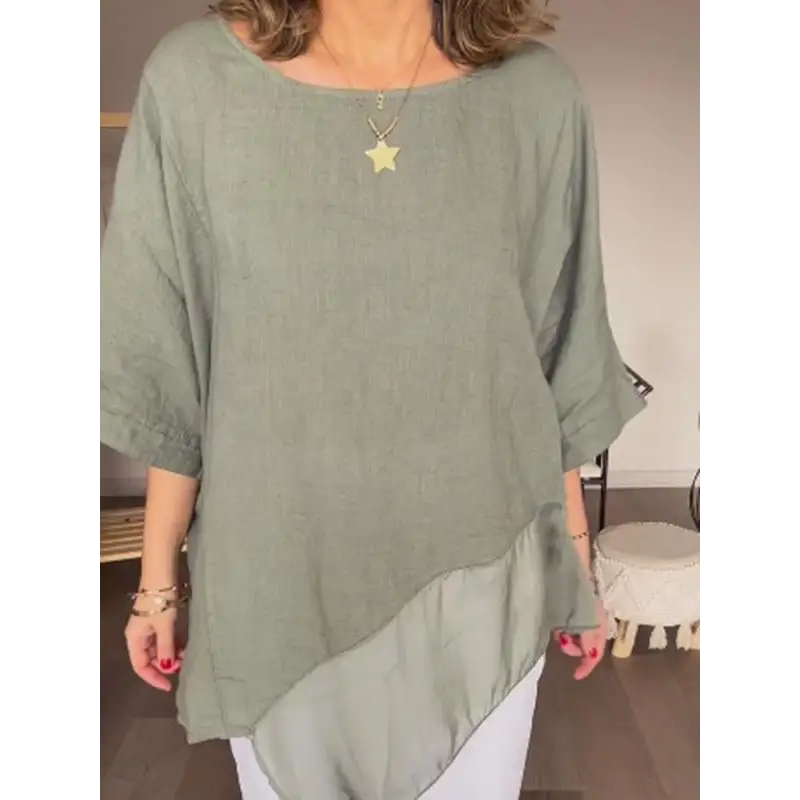Top de algodão e linho com gola redonda e malha em patchwork casual